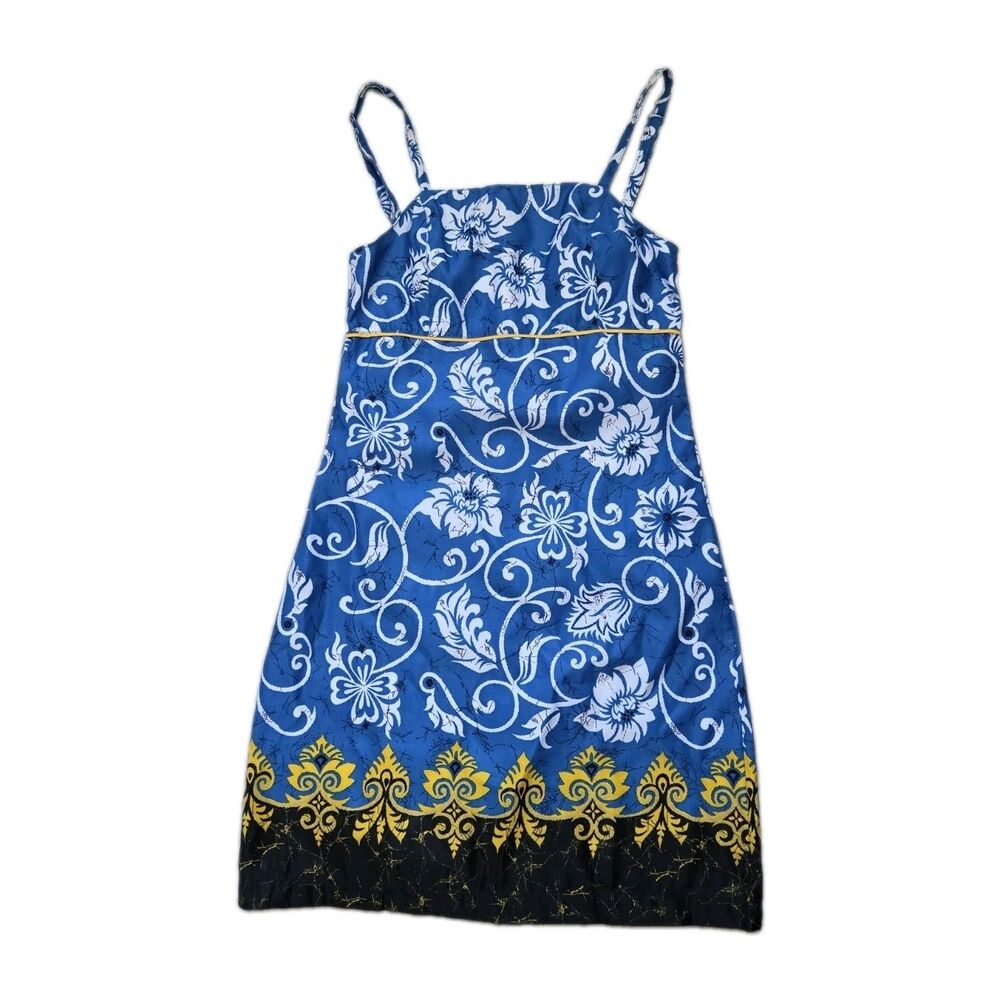 O'Neill Blue White Floral Spaghetti Strap Midi Dress Yellow Border Size M EUC